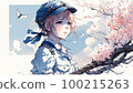 Watercolor painting of a sailor girl standing under the cherry tree AI-generated image 100215263