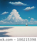 Summer sea, clouds, sandy beach and yacht AI generated image 100215398