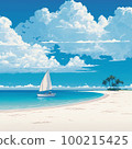 Summer sea, clouds, sandy beach, palm and yacht AI generated image 100215425
