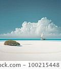 Blue sea, clouds, sandy beach and yacht AI generated image 100215448