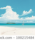 Summer sea, clouds, sandy beach, small island and yacht AI generated image 100215484