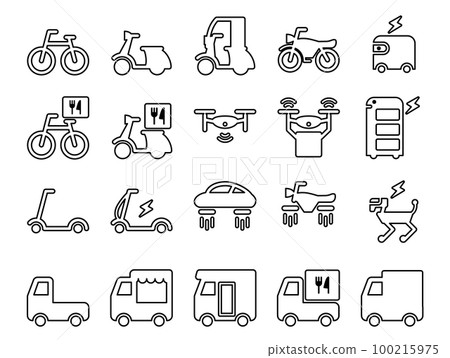 一組圖標，如現代特種車輛、飛行車輛和機器人_outline 100215975