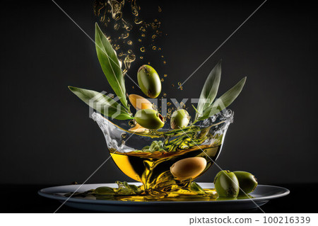 olives in oil on a black background. splash.advertising of luxury product 100216339