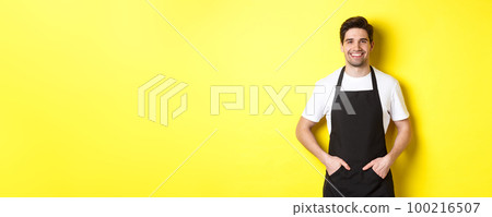 Happy barista in black apron looking at camera. Coffee shop owner wearing cafe uniform and smiling, standing over yellow background Happy barista in black apron looking at camera. Coffee shop owner wearing cafe uniform and smiling, standing over yellow background 100216507