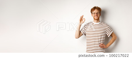 Confident smiling man with red hair assuring you, showing OK sign, guarantee quality, recommending something good, standing over white background 100217022