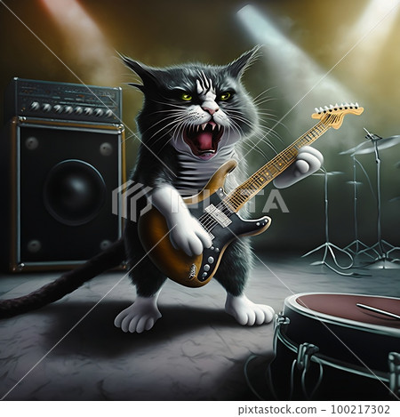 Cat as a deathmetal star playing guitar on a concert stage. High resolution illustration. Creative digital painting. Cat as a deathmetal star playing guitar on a concert stage. High resolution illustration. Creative digital painting. 100217302