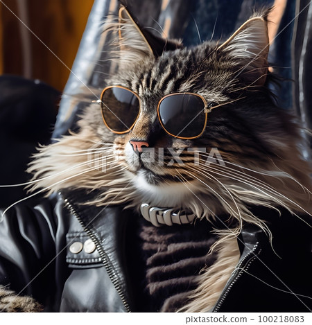 A handsome macho Maine coon cat sits under a cafe and relaxes during a summer sunny day. He is dressed in a black leather jacket and sunglasses.   illustration. Creative digital painting.	 100218083