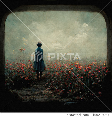 A silhouette of a mysterious woman gazing at an empty landscape symbolizing loneliness and seclusion.Sad and melancholy image of a person's inner self A silhouette of a mysterious woman gazing at an empty landscape symbolizing loneliness and seclusion.Sad and melancholy image of a person's inner self 100219084