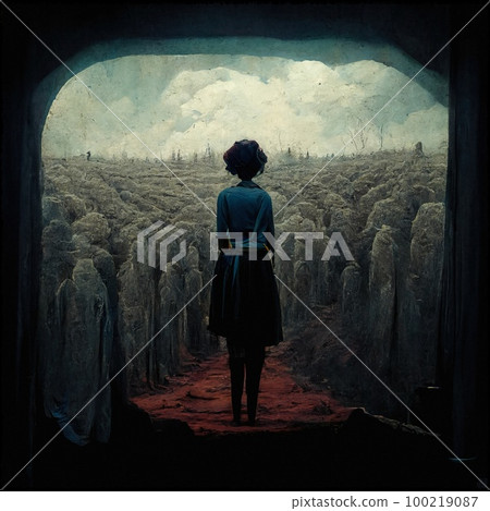 A silhouette of a mysterious woman gazing at an empty landscape symbolizing loneliness and seclusion.Sad and melancholy image of a person's inner self A silhouette of a mysterious woman gazing at an empty landscape symbolizing loneliness and seclusion.Sad and melancholy image of a person's inner self 100219087