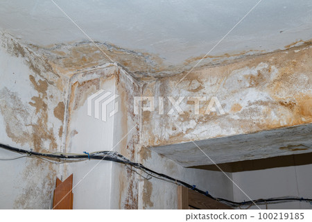 Damage ceiling from water pipelines leakage. Housing problem concep Damage ceiling from water pipelines leakage. Housing problem concep 100219185