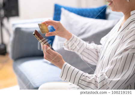 手邊的智能手機卡支付高級女性 手邊的智能手機卡支付高級女性 100219191