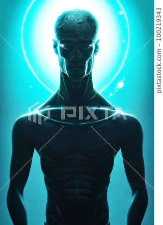 Illustration depicting a representative of an alien race with blue skin. Digital painting concept art. 100219343