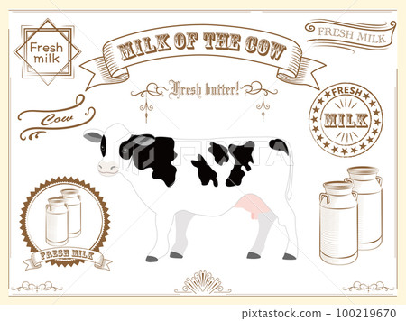 原始材料牛、牛奶罐、絲帶、徽章 原始材料牛、牛奶罐、絲帶、徽章 100219670