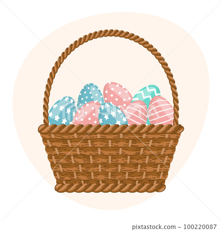 Wicker basket with Easter eggs. Colorful easter illustration, greeting card, vector 100220087