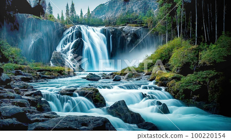 瀑布、盆地、背景素材 100220154