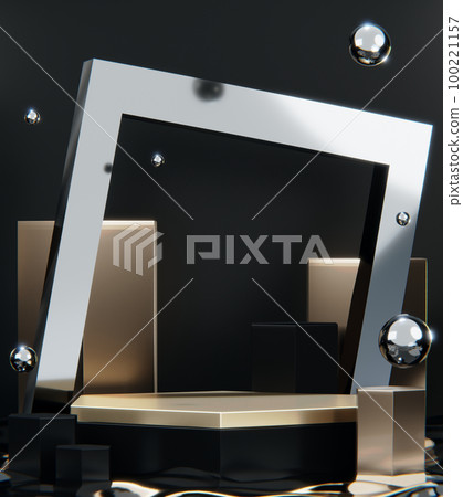 Fashion product background and stand black podium display with blank backdrops. 100221157