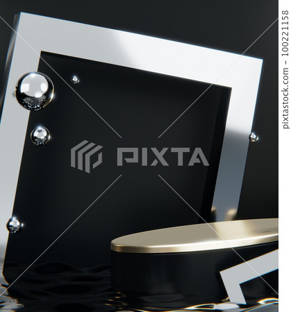 Fashion product background and stand black podium display with blank backdrops. 100221158