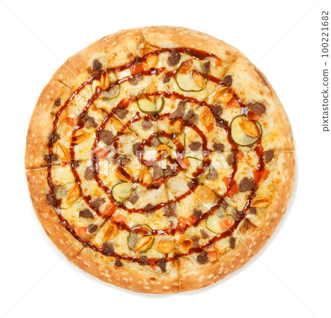 Top view on italian pizza with macaroni, beef, pickled cucumbers and sauce isolated on white background. Top view on italian pizza with macaroni, beef, pickled cucumbers and sauce isolated on white background. 100221682