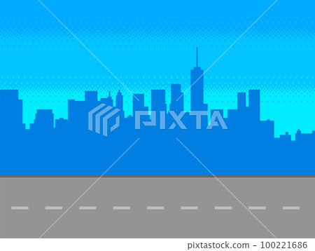 Pixel art game background with road and city silhouette. Pixel art game background with road and city silhouette. 100221686