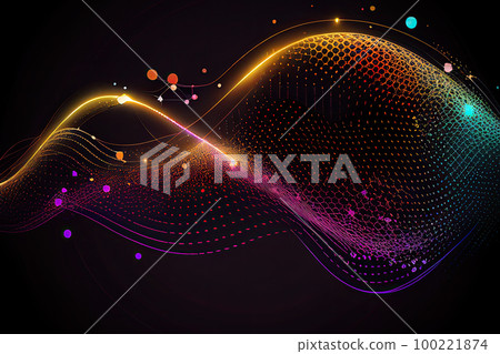 Technology background with connected colorful dots on abstract background. Digital data and network connection background. Created with Generative AI 100221874
