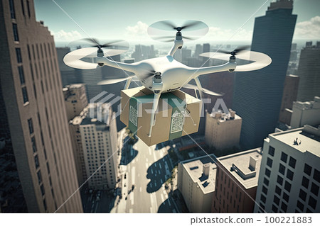 Drone delivering a package. Fast delivery in future, drone flies over the city and carries parcel to addressee. Created with Generative AI Drone delivering a package. Fast delivery in future, drone flies over the city and carries parcel to addressee. Created with Generative AI 100221883