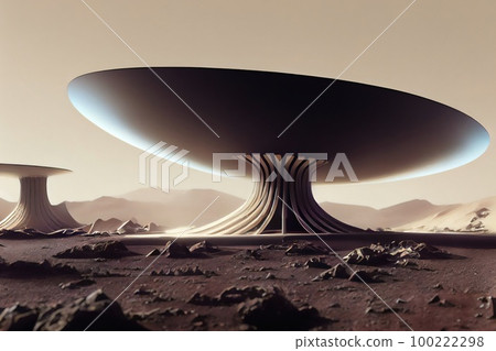 Martian mega-structure, remains of an alien civilization, alien base. 3d illustration od telecommunication alien Tower. 100222298