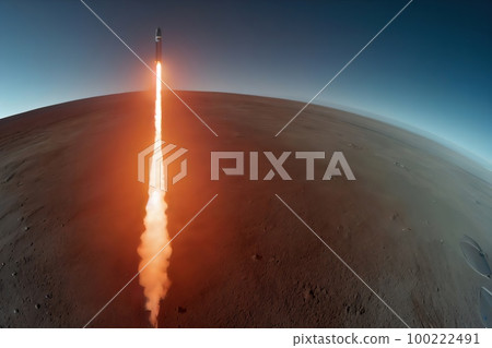 Aerial view, gopro camera capturing rocket launch from the surface of the planet mars 100222491