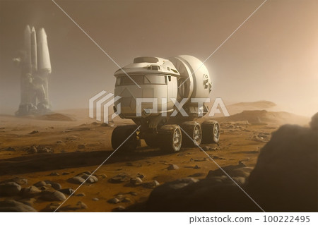 Martian research and exploration truck with communication tower in the background, mars surface, midle of the desert Illustration 3d Martian research and exploration truck with communication tower in the background, mars surface, midle of the desert Illustration 3d 100222495
