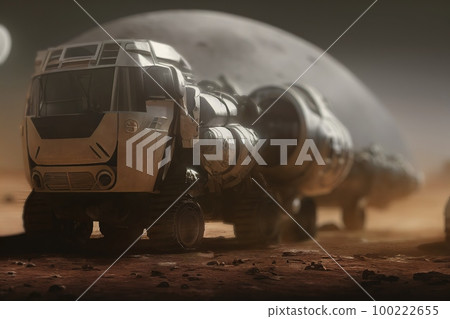 Illustration showing a futuristic exploration space vehicle moving on colonized planet Mars Illustration showing a futuristic exploration space vehicle moving on colonized planet Mars 100222655