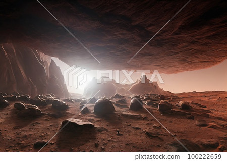 Huge caves and grottoes discovered on the planet mars, landscape on planet Mars, scenic desert on the red planet, 3d space illustration Huge caves and grottoes discovered on the planet mars, landscape on planet Mars, scenic desert on the red planet, 3d space illustration 100222659