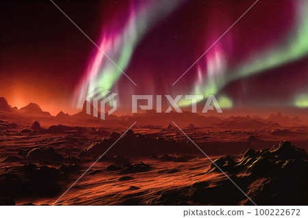 Aurora borealis on mars, landscape on planet Mars, scenic desert on the red planet, 3d concept ar illustration Aurora borealis on mars, landscape on planet Mars, scenic desert on the red planet, 3d concept ar illustration 100222672