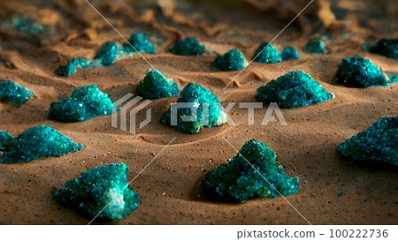 Unusual unidentified minerals found on the surface of the planet mars. Green kryptonite crystal structures protrude from the sand.Digital illustration 100222736