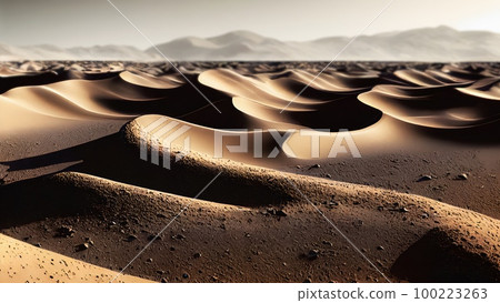 Planet Mars landscape, scenic desert on the red planet with sea of dunes,digital painting illustration 100223263