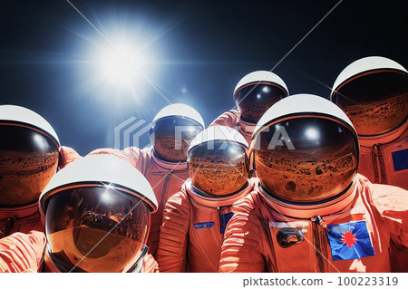Group of astronauts takes a selfie In the space, Explorer of the space vacuum. Conceptual Illustration 3D Group of astronauts takes a selfie In the space, Explorer of the space vacuum. Conceptual Illustration 3D 100223319