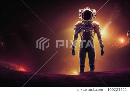 Astronaut doing space walk. Mars exploration. Front view of astronaut wearing space suit walking on a surface of a red planet. illustration Astronaut doing space walk. Mars exploration. Front view of astronaut wearing space suit walking on a surface of a red planet. illustration 100223321