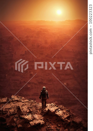 Astronaut stands on the edge of cliff. Mars exploration. Back view of astronaut in space suit walking on a mars. Ancient alien ruins In the distance Astronaut stands on the edge of cliff. Mars exploration. Back view of astronaut in space suit walking on a mars. Ancient alien ruins In the distance 100223323