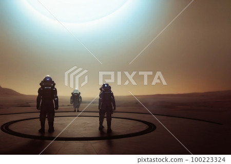 Group of Astronauts In space suit standing on a rocket landing pad. Mars exploration team, mars landscape. Illustration concept Group of Astronauts In space suit standing on a rocket landing pad. Mars exploration team, mars landscape. Illustration concept 100223324