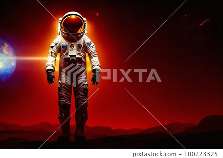 Astronaut doing space walk. Mars exploration. Front view of astronaut wearing space suit walking on a surface of a red planet. illustration Astronaut doing space walk. Mars exploration. Front view of astronaut wearing space suit walking on a surface of a red planet. illustration 100223325