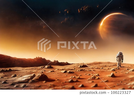 An astronaut explores the surface of Mars alone, with a disintegrating planet from Earth's solar system in the background An astronaut explores the surface of Mars alone, with a disintegrating planet from Earth's solar system in the background 100223327