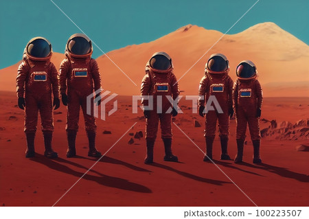 A group of astronauts take a selfie at the mars, exploring the surface of Mars. First archiwal epic photography.  Martian desert In the distance 100223507