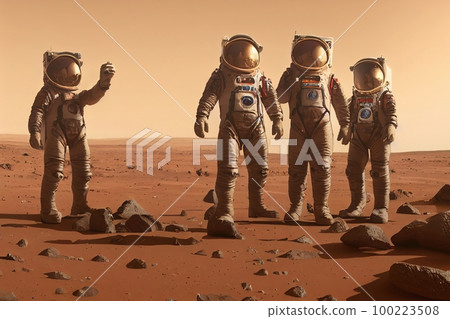 A group of astronauts take a selfie at the mars, exploring the surface of Mars. First archiwal epic photography.  Martian desert In the distance 100223508