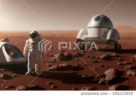 Group of astronauts take a selfie on mars, first explores of Mars. First archiwal epic photography. Martian rover In the background, Illustration 100223659
