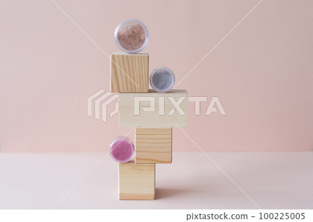 Cosmetic shades compact and loose mineral face powder makeup - Natural eco friendly make up products concept. Eyeshadows and blush Cosmetic shades compact and loose mineral face powder makeup - Natural eco friendly make up products concept. Eyeshadows and blush 100225005