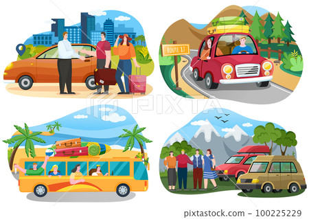 Set of illustrations on theme of traveling around world by car. Friends come by truck to forest Set of illustrations on theme of traveling around world by car. Friends come by truck to forest 100225229