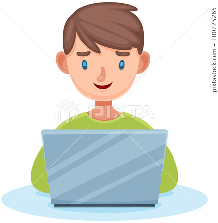 Boy sitting with laptop serfing internet on white background, typing, writing message on keyboard Boy sitting with laptop serfing internet on white background, typing, writing message on keyboard 100225265