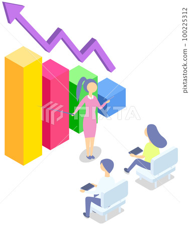 Character with pointer shows statistical graph. Colleagues looking at data and discuss statistics Character with pointer shows statistical graph. Colleagues looking at data and discuss statistics 100225312