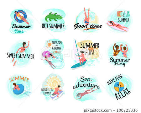 Set of summer fun and activities emblem design, people man and woman in various situations in water 100225336