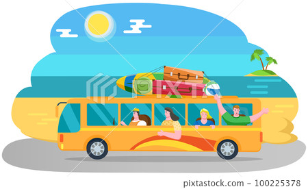 Friends come by public transport on coastline near sea. Traveler bus on background of beach 100225378