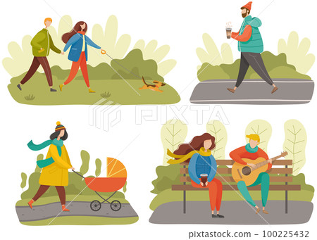 People on walk in park. Mother with baby in stroller, guy goes with coffee, couple walking with dog People on walk in park. Mother with baby in stroller, guy goes with coffee, couple walking with dog 100225432