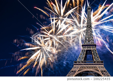 Celebratory colorful fireworks over the Eiffel Tower in Paris, France Celebratory colorful fireworks over the Eiffel Tower in Paris, France 100225435